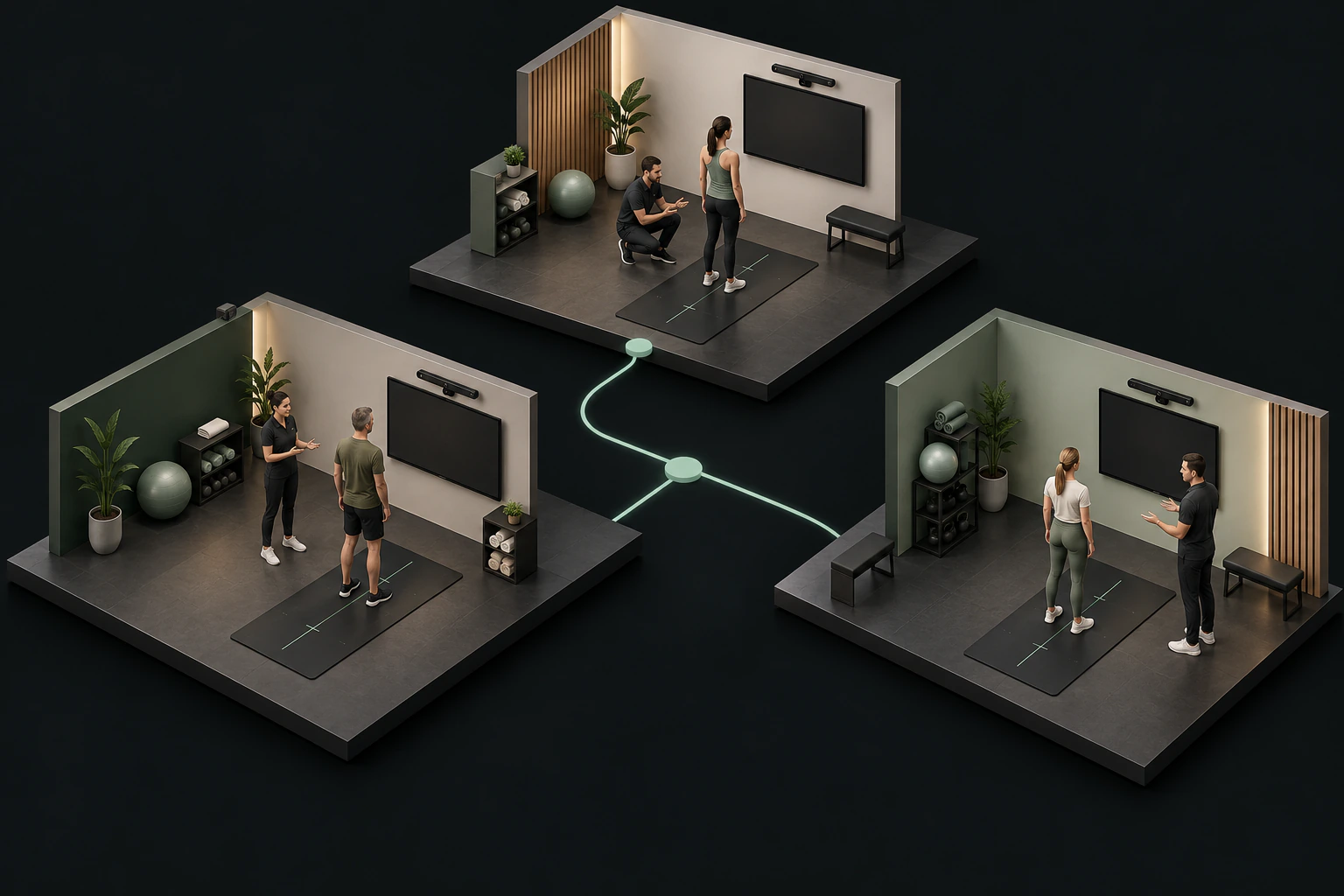 Three similar assessment rooms connected by paths illustrate a repeatable service across locations.