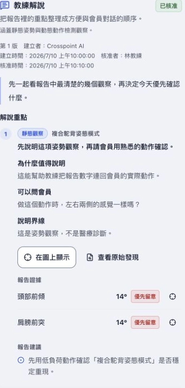 Crosspoint X 實際教練解說介面，展示已核准的示範解說、觀察依據與會員版說明；非真實會員資料
